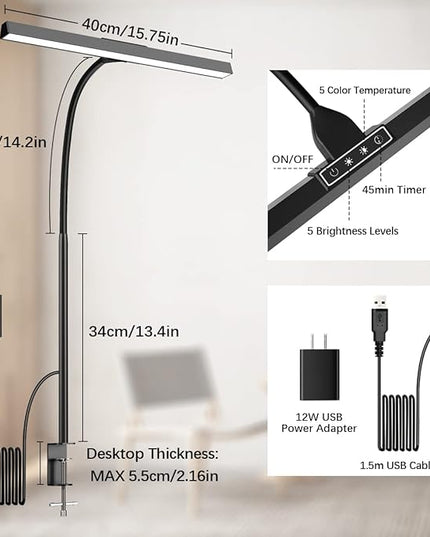 Hapfish LED Desk Lamp for Home Office with Charger - 12W Desk Light Bar, 25 Lighting Modes, Eye-Caring Modern Flexible Gooseneck Clamp Table Lamps for Office Study Monitor Workbench - LeafyLoom