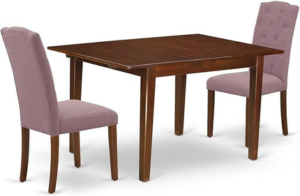 East West Furniture MLCE3-MAH-10 Milan 3 Piece Modern Dining Set Contains a Rectangle Wooden Table with Butterfly Leaf and 2 Dahlia Linen Fabric Upholstered Chairs, 36x54 Inch, Mahogany - LeafyLoom