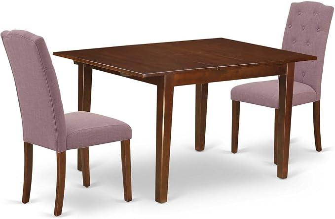East West Furniture MLCE3-MAH-10 Milan 3 Piece Modern Dining Set Contains a Rectangle Wooden Table with Butterfly Leaf and 2 Dahlia Linen Fabric Upholstered Chairs, 36x54 Inch, Mahogany - LeafyLoom