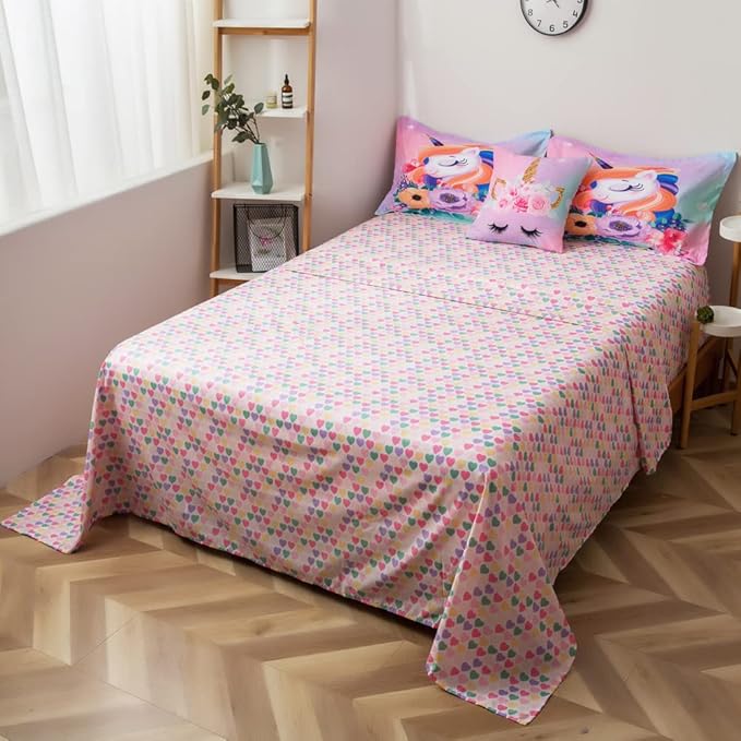 ADASMILE A & S Unicorn Bedding Twin for Girls Unicorn Bed Set Pink Unicorn Comforter Set Twin 6Pieces Girls Bed in A Bag Comforter with Hearts Sheets Reversible Unicorn Bed Sheets Home Unicorn Decor - LeafyLoom