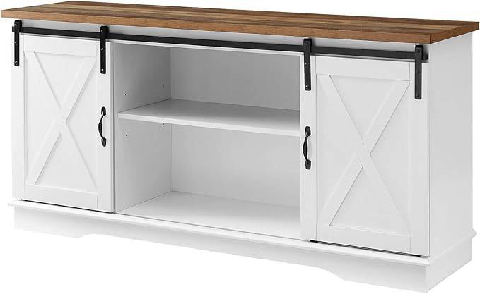 Walker Edison Richmond Modern Farmhouse Sliding Barn Door TV Stand for TVs up to 65 Inches, 58 Inch, White and Rustic Oak - LeafyLoom
