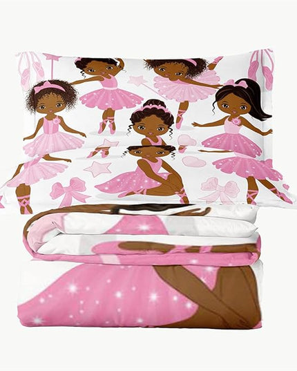 Full Bedding Sets for Girls, African American Magic Comforter Set with Ballet Dancer, Pink Bed Set for Kids Teens, Little Girls Bedroom Decor - LeafyLoom