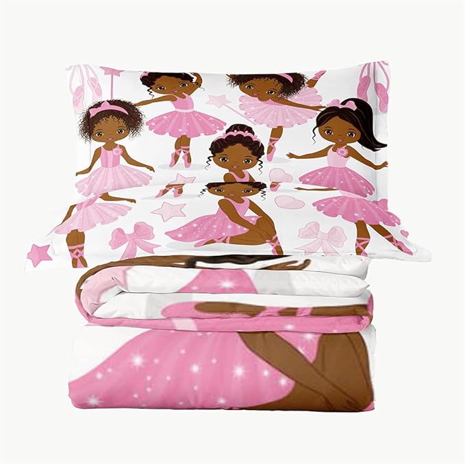 Twin Bedding Sets for Girls, African American Magic Comforter Set with Ballet Dancer, Pink Bed Set for Toddler Kids Teens, Little Girls Bedroom Decor - LeafyLoom