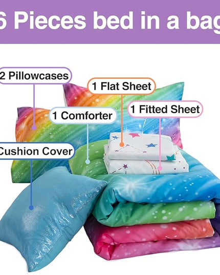 Btargot Super Soft 6 Pieces Gradient Star Ring Comforter Set, Colorful Glitter Rainbow Star Pattern Bedding Set for Boys Girls Teens,Twin Multicolor - LeafyLoom