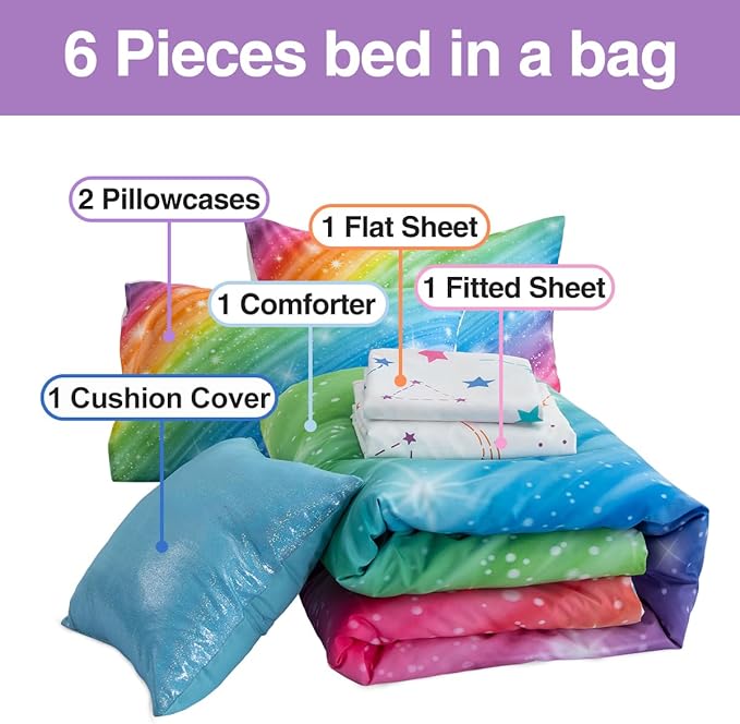 Btargot Super Soft 6 Pieces Gradient Star Ring Comforter Set, Colorful Glitter Rainbow Star Pattern Bedding Set for Boys Girls Teens,Full Multicolor - LeafyLoom