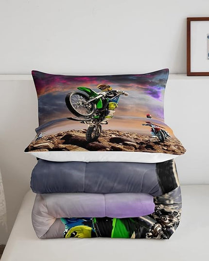 Dirt Bike Comforter Set for Boys Bedroom Motocross Rider Extreme Sports Duvet Insert Mountain Bike Bedding Quilted Set Kids Motorcycle Motorbike Down Comforter,Soft Lightweight for All Season,King - LeafyLoom