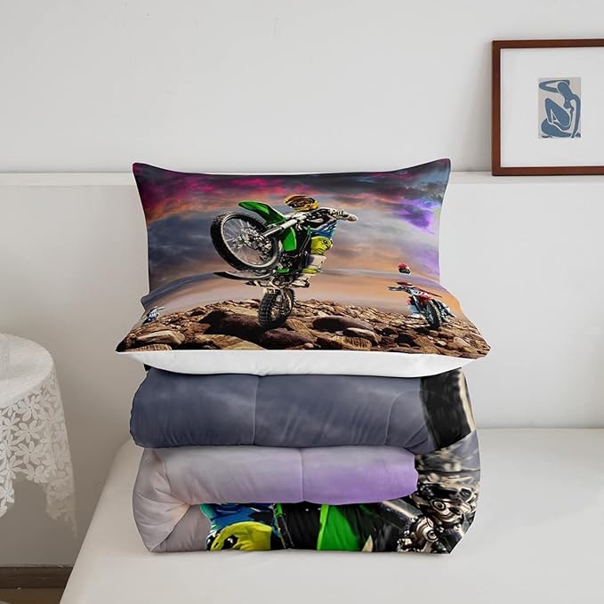 Dirt Bike Comforter Set for Boys Bedroom Motocross Rider Extreme Sports Duvet Insert Mountain Bike Bedding Quilted Set Kids Motorcycle Motorbike Down Comforter,Soft Lightweight for All Season,King - LeafyLoom