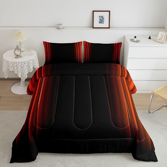 Geometric Abstract Ombre Comforter Set Kids Teens Orange Red and Black Striped Bedding Bed Set Decor Modern Fashion Comforter Inner Fill Bedroom Collection 3Pcs Queen Size - LeafyLoom