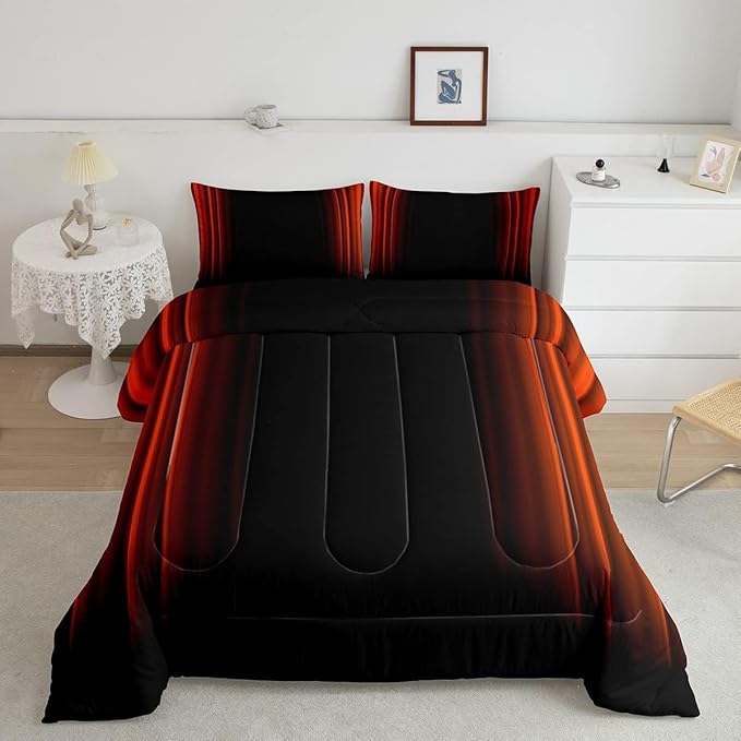 Geometric Abstract Ombre Comforter Set Kids Teens Orange Red and Black Striped Bedding Bed Set Decor Modern Fashion Comforter Inner Fill Bedroom Collection 3Pcs King Size - LeafyLoom