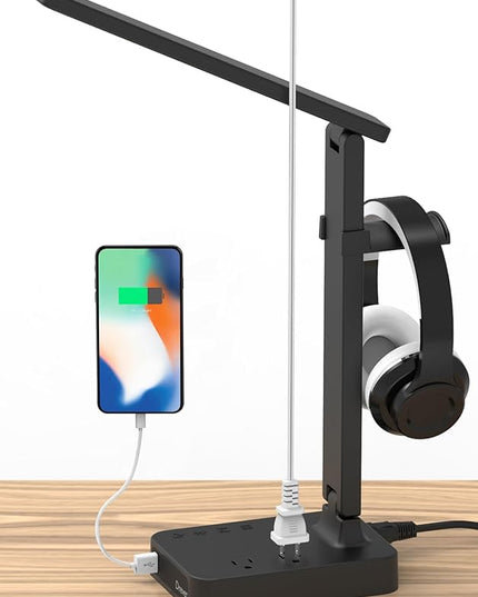 Drevet LED Desk Lamp with Headphone Stand, Desk Light with 1 USB Charging Port and 2 AC Power Outlet, 3 Lighting Modes, 3 Level Brightness,1H Timer, Memory Function, Eye-Caring Gaming Desk Lamp - LeafyLoom