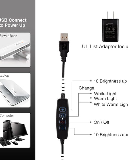 Clamp on Lamp, Clip Light, Desk Lamps 3 Color Temperature Setting, 10 Brightness Levels, 2m USB Cord Power Supply and AC Adapter Included, Pack of 2 (Black) - LeafyLoom
