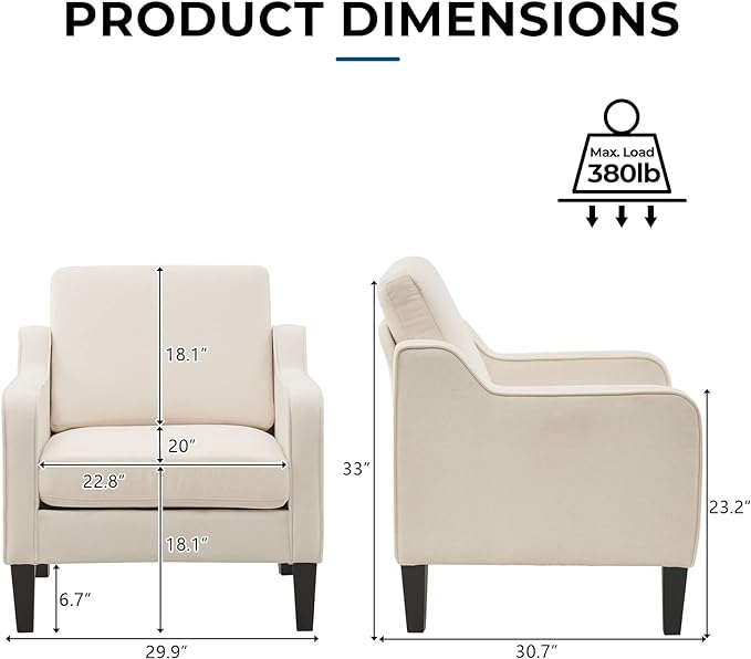 VINGLI Modern Accent Chairs Set of 2,Comfy Beige Armchair for Bedroom,Living Room Upholstered Sofa Chair Reading Chair for Small Spaces (2, Beige) - LeafyLoom