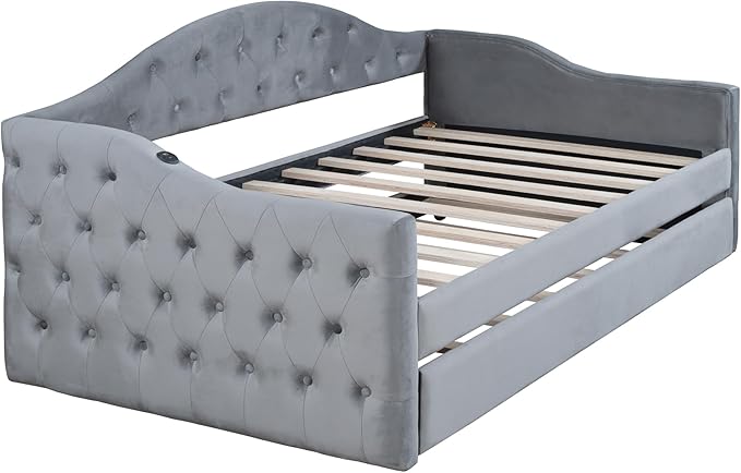 Twin Size Velvet Tufted Upholstered Daybed with Trundle, Modern Solid Wood Sofa Bed w/USB & Type-C Charging Ports, for Bedroom Living Room, No Box-spring Needed, Gray - LeafyLoom