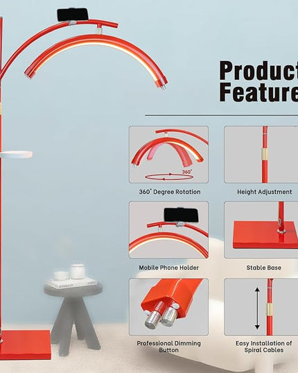 Lash Light Lash Lamp for Eyelash Extensions LED Floor Half Moon Ring Lash Light Lamp for Lash Extension Esthetician Light Adjustable Brightness Height Lamp Tattoo, Nail Tech X Red - LeafyLoom