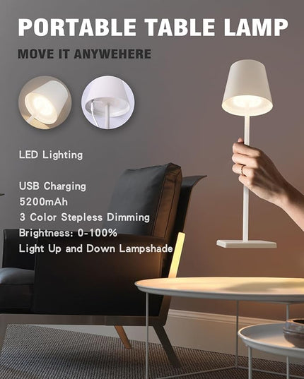 Lewoncci 2 Pack Cordless Table lamp,5200mAh Battery Operated Lamp,3 Color Stepless Dimming Desk Lamp,IP54 Waterproof Outdoor Table Lamps for Restaurant/Bedroom/Bars/Outdoor Party (White-2) - LeafyLoom
