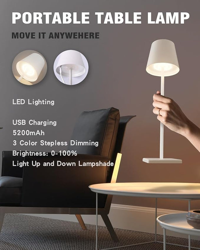 Cordless Table Lamp,5200mAh Battery Operated Lamp,IP54 Outdoor Table Lamp Waterproof,3 Color Stepless Dimming for Restaurant/Bedroom/Bars/Outdoor Party/Camping/Coffee Shop(White-1) - LeafyLoom
