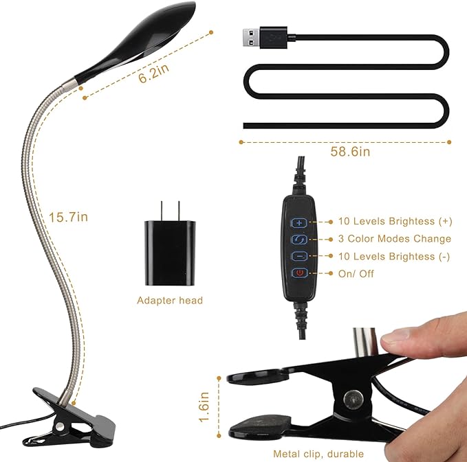 Desk lamp Eye-Caring Table Lamps, 360°Rotation Gooseneck Clip on Lamp Reading Light, Portable Reading Book Light, Clamp Light, Study Desk Lamps for Bedroom and Office Home Lighting (Black-C02) - LeafyLoom