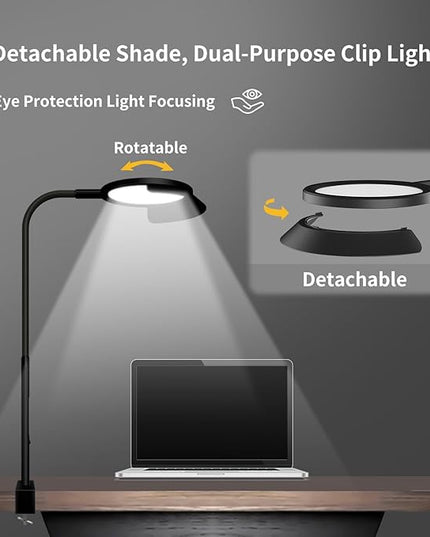 QINER LED Desk Lamp, Eye Protection Desk Light with Sunshade Touch Control Table Lamp Gooseneck Task Lamp 25 Lighting Effect Modes Clamp Lamp for Office Workbench Drafting Live Streaming - LeafyLoom