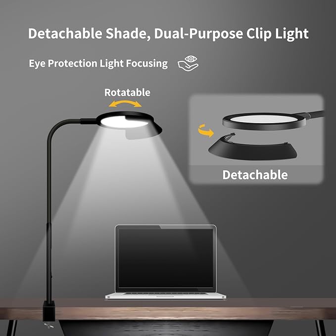 QINER LED Desk Lamp, Eye Protection Desk Light with Sunshade Touch Control Table Lamp Gooseneck Task Lamp 25 Lighting Effect Modes Clamp Lamp for Office Workbench Drafting Live Streaming - LeafyLoom