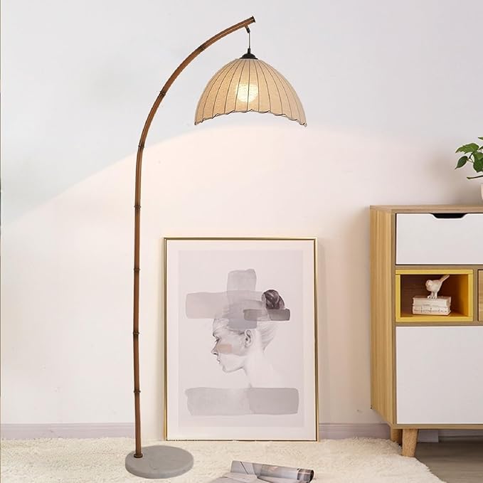 Retro Floor Lamp Unique Bamboo Color Floor lamp Bohemian Hanging Arc Floor Lamp with Antique Rattan Style Vertical Standing tall Lamp for Bed Room Farmhouse Study Living Room Indoor decoration - LeafyLoom