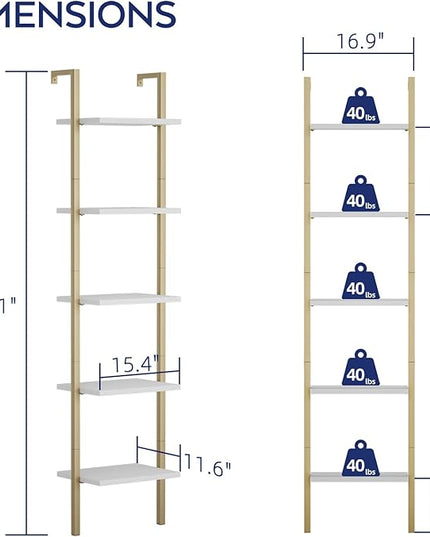 NUMENN Industrial Ladder Shelf, 5 Tier Book Shelf, Open Space Wall Mount Bookshelf with Metal Frame, Sturdy Book Shelves, Bookcase for Living Room, White and Gold - LeafyLoom