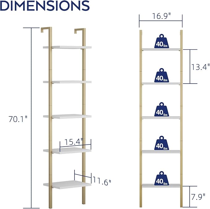 NUMENN Industrial Ladder Shelf, 5 Tier Book Shelf, Open Space Wall Mount Bookshelf with Metal Frame, Sturdy Book Shelves, Bookcase for Living Room, White and Gold - LeafyLoom