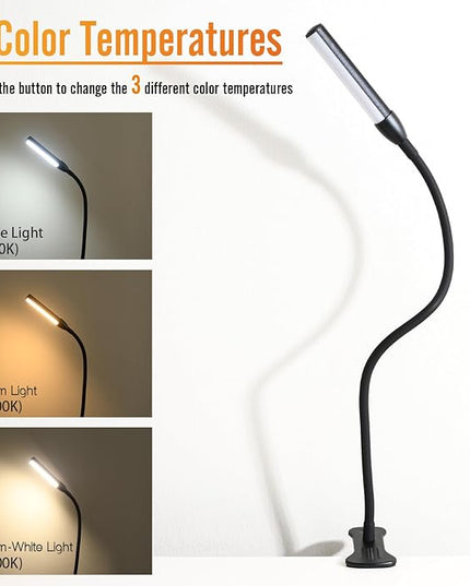 Clip on Reading Light, Clip Light, Warm & Daylight & White Light 3 Colors, Eye-Care Clamp Lamp with 10 Dimmable Illumination Modes - LeafyLoom