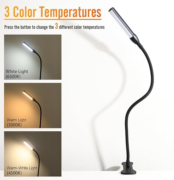 Clip on Reading Light, Clip Light, Warm & Daylight & White Light 3 Colors, Eye-Care Clamp Lamp with 10 Dimmable Illumination Modes - LeafyLoom