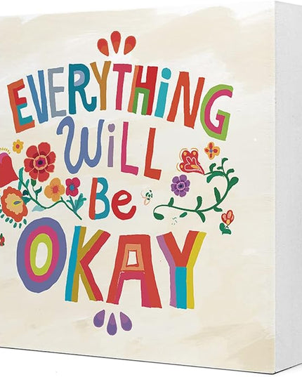 Ruvoty Everything Will Be Okay Colorful Word Art Wooden Sign Desk Decor,Inspirational Wood Block Sign Desk Decorations for Home Bedroom Dorm Office Desk Shelf Table Decor - LeafyLoom