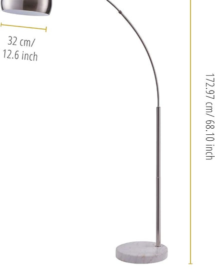Teamson Home Arquer 68.1" Arc Floor Lamp for Living Rooms, Home Offices, Dining Rooms, Bedrooms with Faux White Marble Base and Nickel Bell Shade - LeafyLoom