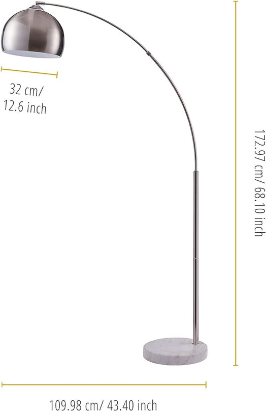 Teamson Home Arquer 68.1" Arc Floor Lamp for Living Rooms, Home Offices, Dining Rooms, Bedrooms with Faux White Marble Base and Nickel Bell Shade - LeafyLoom