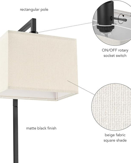 Globe Electric 61000052 60" Floor Lamp, Matte Black, Square White Fabric Shade, On/Off Rotary Switch on Socket, Square Rod, Reading Lamp, Home Office Accessories, Home Décor, Home Improvement - LeafyLoom