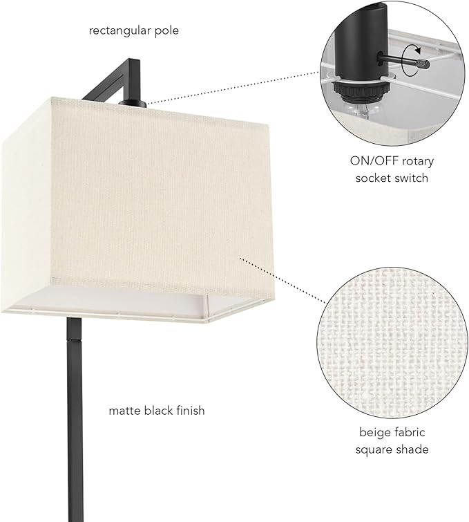 Globe Electric 61000052 60" Floor Lamp, Matte Black, Square White Fabric Shade, On/Off Rotary Switch on Socket, Square Rod, Reading Lamp, Home Office Accessories, Home Décor, Home Improvement - LeafyLoom