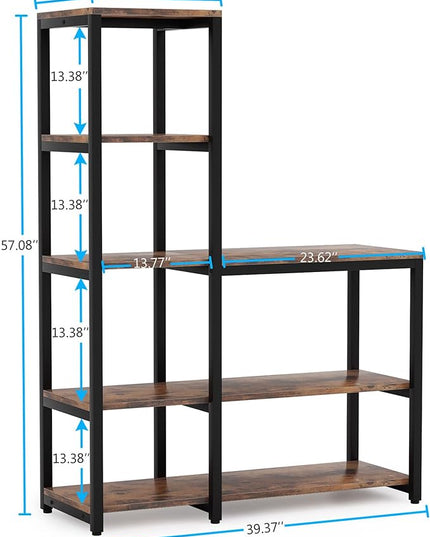 L Shaped Bookshelf Corner Etagere Bookcase for Living Room Home Office, Brown - LeafyLoom