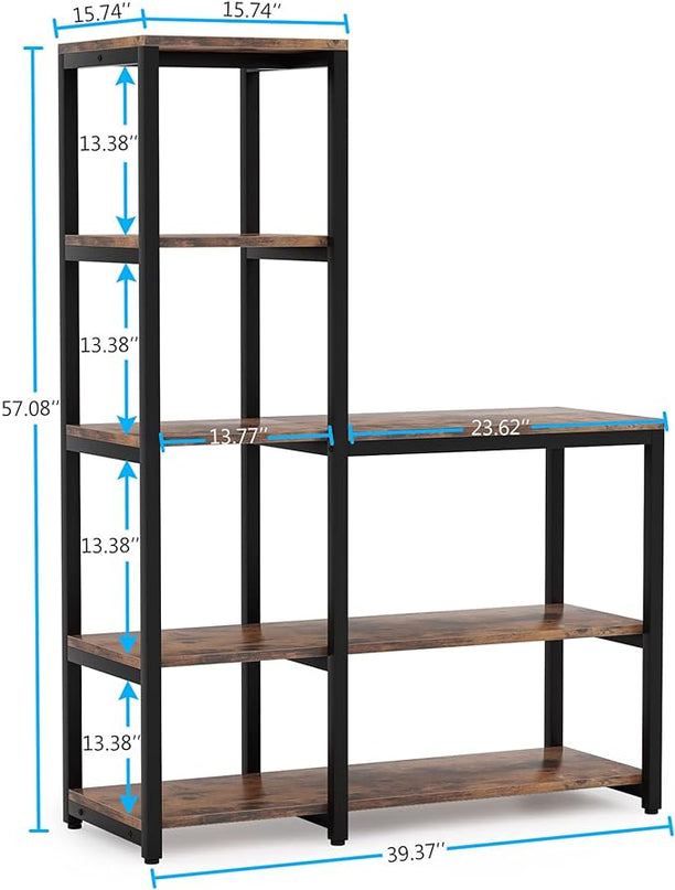 L Shaped Bookshelf Corner Etagere Bookcase for Living Room Home Office, Brown - LeafyLoom
