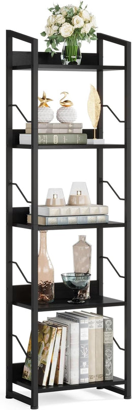 5 Tier Narrow Bookshelf: Tall Bookcase Book Shelf for Bedroom, Industrial Modern Bookshelves for Small Spaces (Black) - LeafyLoom
