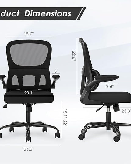 Soohow Ergonomic Home Office Chair, Mesh Desk Chair with Lumbar Support, Comfy Computer Desk Chair with Flip Armrest Rolling Wheels, Black. - LeafyLoom