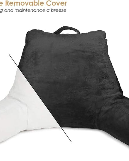 Clara Clark Reading Pillow, Standard Back Pillow for Sitting Up in Bed, Memory Foam Back Support Pillow, Reading Pillows for Sitting in Bed, Black Sit Up Pillow for Bed Chair Arm Pillow with Pockets - LeafyLoom