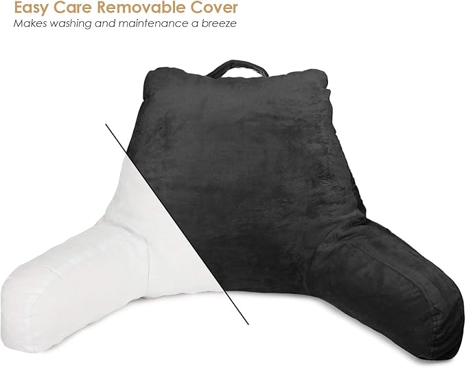 Clara Clark Reading Pillow, Standard Back Pillow for Sitting Up in Bed, Memory Foam Back Support Pillow, Reading Pillows for Sitting in Bed, Black Sit Up Pillow for Bed Chair Arm Pillow with Pockets - LeafyLoom