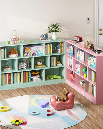 IOTXY Open Shelf Low Bookcase - Wooden 3-Tier Floor Standing Display Cabinet Organizer with Base, 10 Cubes Short Horizontal Bookshelf in Tiffany-Green - LeafyLoom