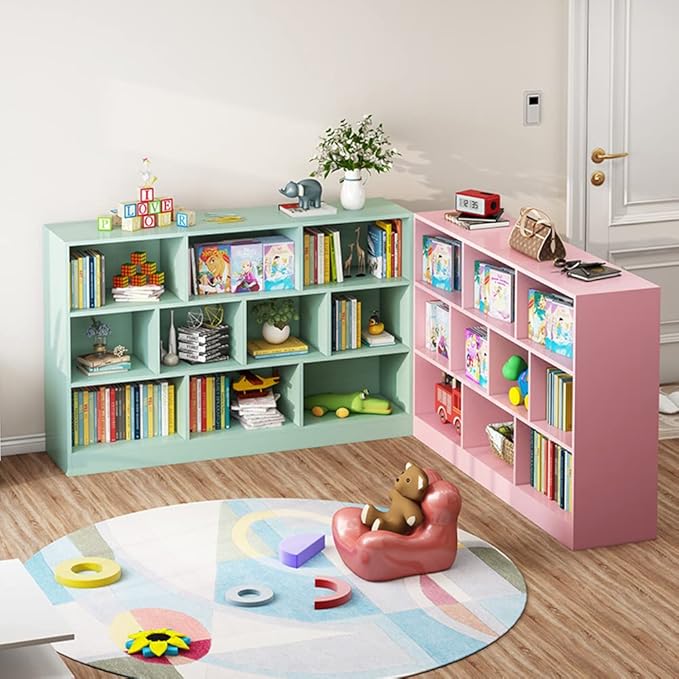 IOTXY Open Shelf Low Bookcase - Wooden 3-Tier Floor Standing Display Cabinet Organizer with Base, 5 Cubes Short Horizontal Bookshelf in Tiffany-Green - LeafyLoom