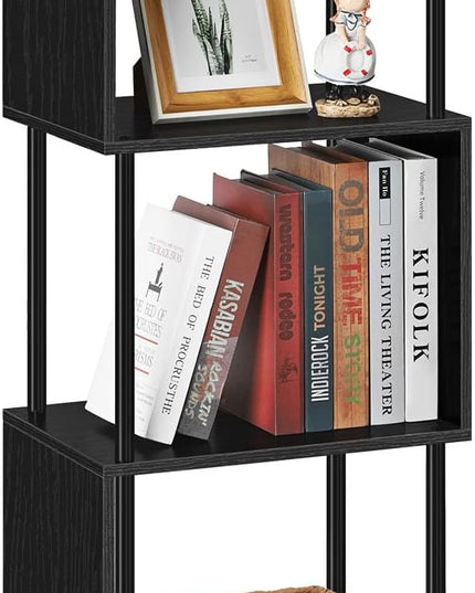 smusei 4 Tier Bookshelf for Small Spaces Narrow Black Bookcase Organizer S-Shaped Wood Corner Bookshelves for Bedroom, Study Room, Living Room and Home Office - LeafyLoom