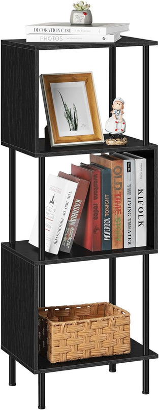 smusei 4 Tier Bookshelf for Small Spaces Narrow Black Bookcase Organizer S-Shaped Wood Corner Bookshelves for Bedroom, Study Room, Living Room and Home Office - LeafyLoom
