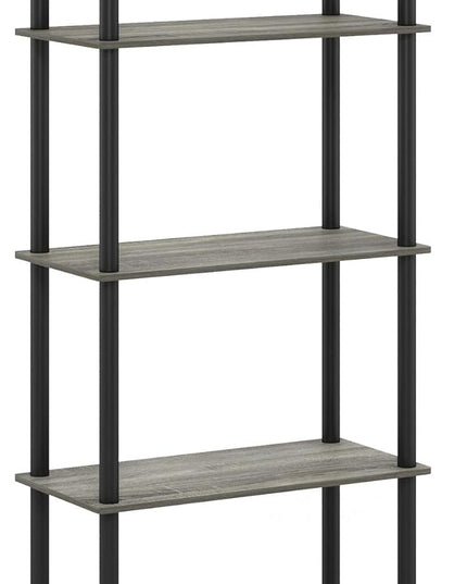 Furinno 5-Tier Round Tube Shelf and 4-Tier Wide Display Shelf, French Oak Grey/Black - LeafyLoom
