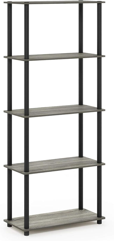 Furinno 5-Tier Round Tube Shelf and 4-Tier Wide Display Shelf, French Oak Grey/Black - LeafyLoom