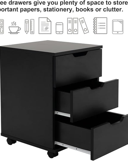 Farini 3-Drawer Vertical Filing Cabinet Rolling Wood Mobile File Cabinets Under Desk for Home Office with Casters (Black, Fully Assembled) - LeafyLoom