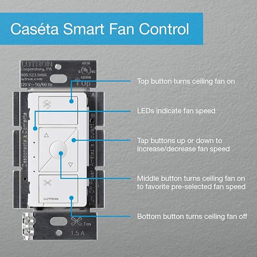 Lutron Caseta Smart Fan Speed Control Switch (Lutron Smart Hub Required), Single-Pole, PD-FSQN-IV, Ivory Lutron