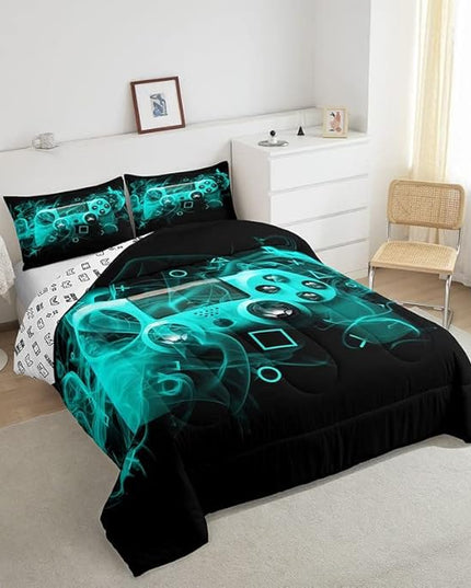 Feelyou Kids Gamer Comforter Set King Size Teens Gamepad Bedroom Decor for Boys Girls Video Game Controller Bedding Set Youth Gaming Console Comforter Blue Black Geometry with 2 Pillow Case - LeafyLoom