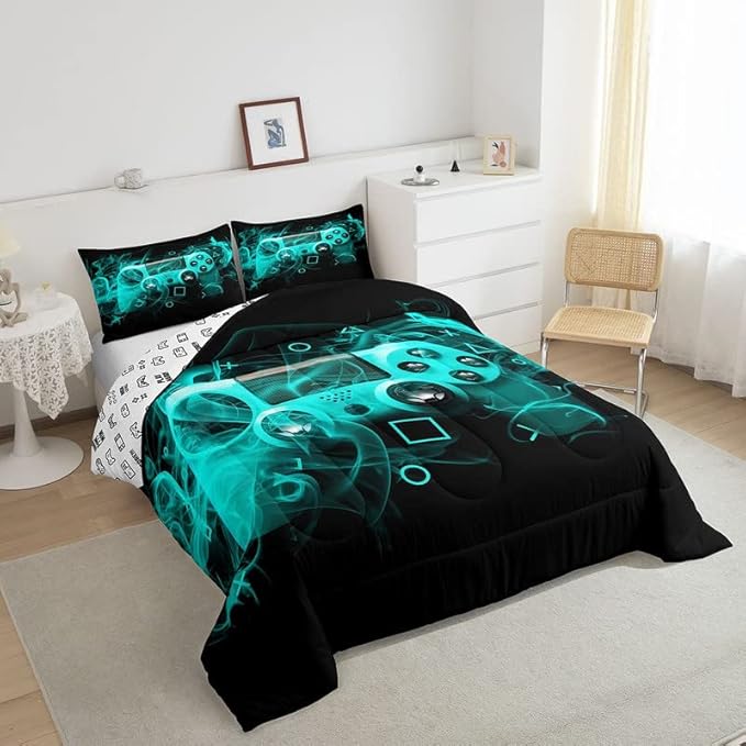 Feelyou Kids Gamer Comforter Set Queen Size Teens Gamepad Bedroom Decor for Boys Girls Video Game Controller Bedding Set Youth Gaming Console Comforter Blue Black Geometry with 2 Pillow Case - LeafyLoom