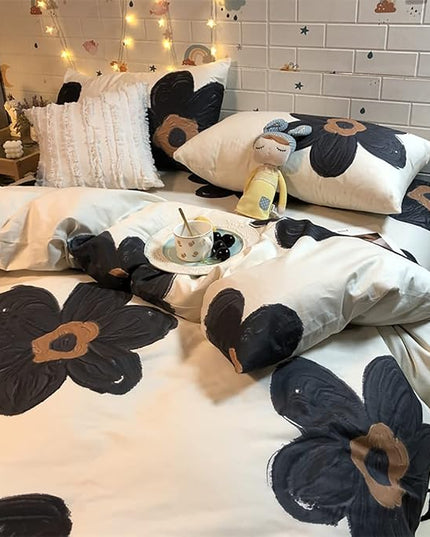 Black Floral Comforter Set Black and White Bedding Queen Comforter Set Flowers Cotton Women Modern Elegant Chic Quilts Blankets Lightweight Black Flower Reversible Bed Comforter Set - LeafyLoom